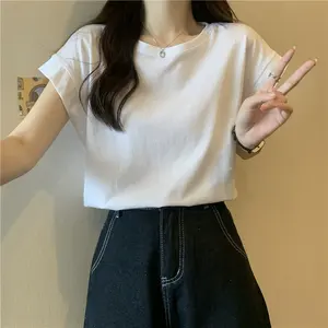 T744 Women's Cotton Basic Scoop Neck Crop Top Tshirts Short Sleeve Femme Cheap Ladies blank Tshirt