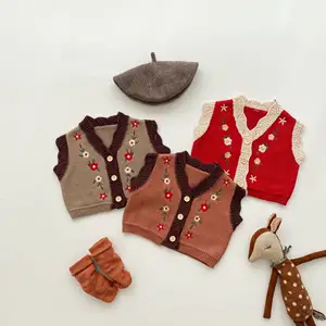 autumn baby girl all-match baby 0-2 years old cardigan cotton yarn knitted sweater embroidered V-neck sweater vest coat