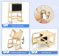 Tabouret de cuisine pliable 4-en-1, tour d'apprentissage Montessori, marchepied, table et chaise avec tableau noir