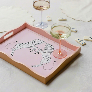 Pink <b>Wooden</b> Serving Tray with Zebra Print and Scalloped Edges Art Deco Design for Bar Counter Use - Product Image 1