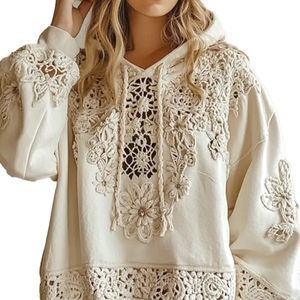 Felpe da Donna di Tendenza in Stile Bohémien e Fiabesco, Tinta Unita con Inserti in Pizzo, Mezze Maniche con Motivo Personalizzato - Product Image 1