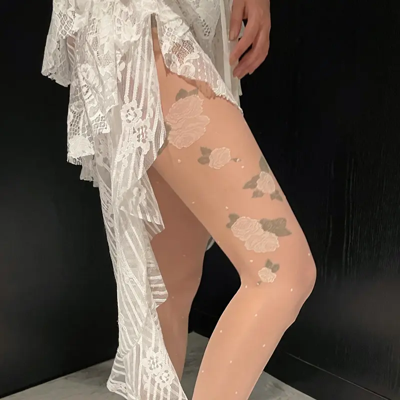 Socksmate New Women White Transparent Socks Printing Rose Stockings Lace Black Nude Dots Tights Ultra Sheer Sexy Pantyhose