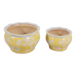 Vasi Rotondi in Ceramica con Design Floreale per Piante da Interno ed Esterno, Set di Due Vasi Decorativi Gialli e Bianchi - Product Image 4