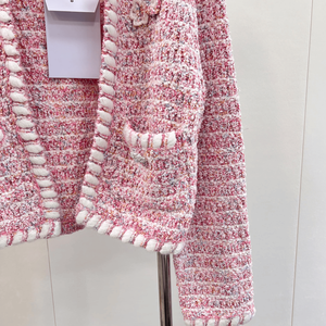 Cárdigan de Punto Tweed Rosa para Mujer con Ribete Blanco, Manga Larga, Chaqueta Elegante Informal - Product Image 6