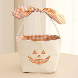 Cesta de lona a cuadros para Halloween, decoración de Halloween, cesta de dulces con diseño de calabaza, cesta de tela a cuadros para Halloween - Product Image 5