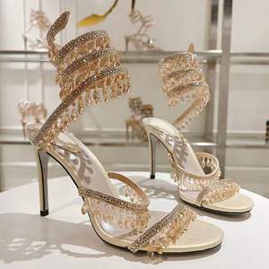 New sexy crystal pendant women's high-<b>heeled</b> satin sandals with snake-shaped intertwined diamond fringes decoration - Product Image 4