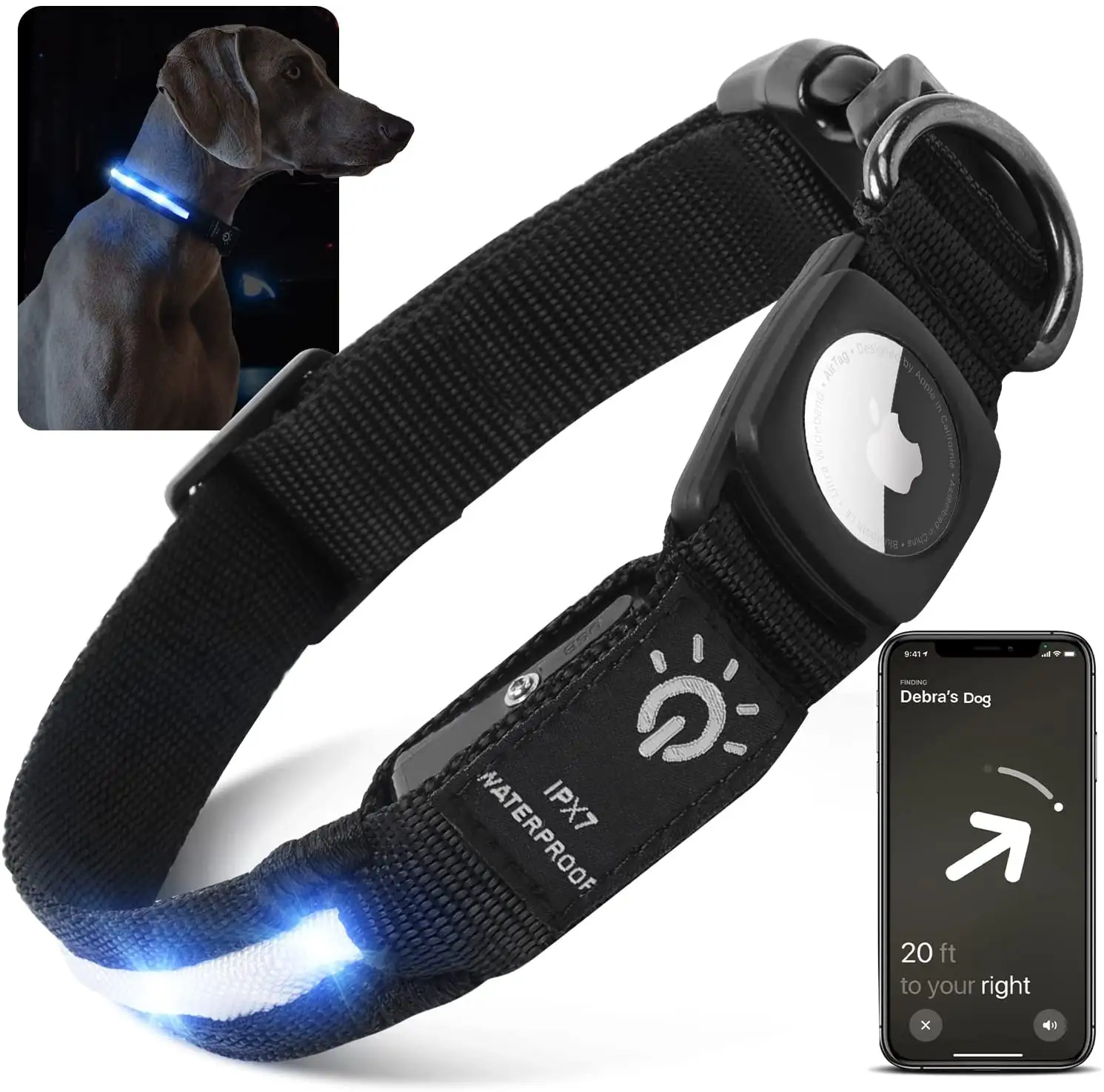 USB wiederauf lad bares wasserdichtes Halsband GPS Airtag Schutzhülle kann positioniert werden LED Licht Haustier Halsband Hund Schwimmen Hunde halsband