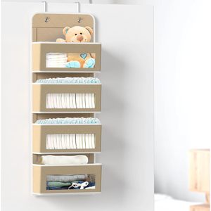 Organizador de almacenamiento para colgar sobre la puerta con 4 bolsillos, color beige, para habitación de bebé, con ventanas transparentes para pañales y juguetes. - Product Image 4