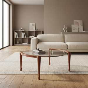 Mesa de Centro Moderna Ovalada con Tapa de Vidrio Templado y Base de Madera, Diseño de Mediados de Siglo, Muebles para Sala de Estar - Product Image 4