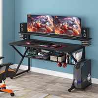 Escritorio de juegos con estante de almacenamiento Escritorio de computadora de PC de 47 pulgadas, estación de trabajo de Gamer de mesa de oficina en casa con soporte de CPU y gancho para auriculares