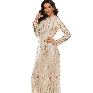D560 avrupa ve amerika yeni moda uzun kollu dantel nakış güzel elbise Dubai tatlı çiçek kadın elbise arap müslüman elbise