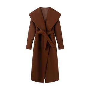 Abrigo largo de invierno para mujer, personalizado 2026, de mezcla de lana, con cuello chal oversize, doble botonadura y cinturón con lazo en la cintura, de fábrica OEM - Product Image 4