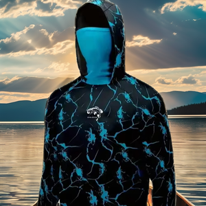 Sudadera con Capucha de Pesca de Manga Larga para Hombre, UPF 50, Negra con Estampado de Rayos Azules, Protección Anti-UV, Cierre de Botones, Impermeable, Transpirable, Ropa para Exteriores - Product Image 2