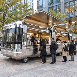 Remorque de camion-restaurant en acier inoxydable 5,8 m style Airstream rétro avec barbecue et évier pour lavage des mains pour utilisation en extérieur - Product Image 5