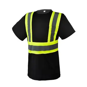 100% polyester Hi Vis Safety Reflective Black Short Sleeve T-Shirts Sewn-On Premium Reflective Striping