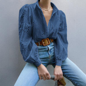 Chemises et blouses pour femmes, décontractées, d'été, respirantes, à manches longues, à découpes, boutonnées, pour le bureau, blanches - Product Image 1