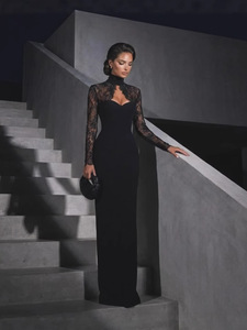 Abito Nero da Donna <span class=keywords><strong>Sexy</strong></span> su Misura 2026: Vestito Aderente a Mezza Lunghezza con Maniche in Pizzo Trasparente - Product Image 4