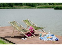 Prix usine en bois lune chaise de plage chaise longue pliable Oxford tissu 120kg capacité jardin mobilier d'extérieur