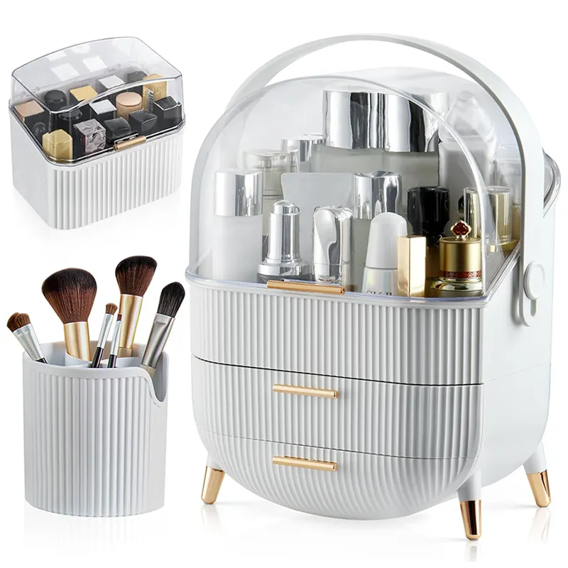 3 Pcs Set Cosmetic Storage Box Clear Cover Make Up Display Case 2 Drawer Makeup Organizer with Brush Holder Lipstick Rack