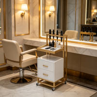 Chariot de Salon Blanc Doré avec 4 Supports pour Outils Chauffants, 2 Tiroirs, Plateau en Marbre – Chariot de Rangement Mobile pour Coiffure et Salon de Beauté