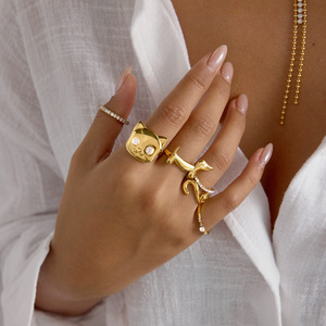 Cartoon <b>Cat</b> Zircon Open <b>Ring</b> For Women Gold Tone Animal Shape Jewelry Gift - Product Image 2