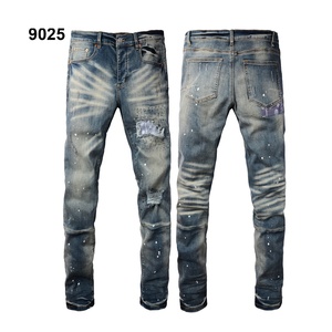 Stock di alta qualità da uomo elasticizzato Slim Fit strappati in Denim traspirante alla moda con Applique stampa strappata di mezza vita - Product Image 1