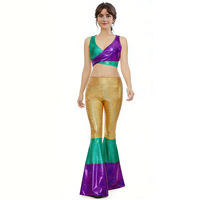 Ensemble de tenue de cosplay Mardi Gras avec pantalon évasé métallisé brillant et crop top 100 % polyester pour femmes adultes, idéal pour la scène et la danse