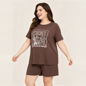 Plus Size <b>Women</b> Cotton <b>Short</b> Sleeve Pajama <b>Set</b> Letter Floral Print Crew Neck <b>T</b>-<b>shirt</b> & Elastic <b>Shorts</b> Two Piece Loungewear - Product Image 2