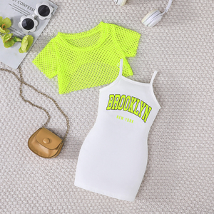 Ensemble de 2 pièces pour bébé fille de 1 à 5 ans, haut à manches courtes en maille tendance, robe sans manches, tenue d'été pour tout-petits - Product Image 2