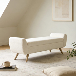 Banc de rangement en fausse fourrure d'agneau crème, tabouret de rangement long avec pieds en <span class=keywords><strong>bois</strong></span> <span class=keywords><strong>et</strong></span> accoudoirs latéraux, multifonctionnel - Product Image 1