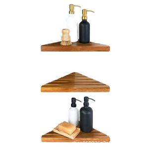 <b>Wooden</b> Corner Wall Mounted Shelf <b>Triangle</b> Drain Bathroom Storage Rack For Personal Care Products - Product Image 2