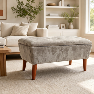 Panca Ottomana Rettangolare in Lino 42 Pollici, Sgabello Moderno Basso con Poggiapiedi, Gambe Affusolate in Legno Massello, Panca Multiuso per Ingresso/Scarpiera - Product Image 1