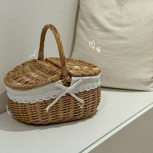 <b>Large</b> Capacity Woven Rattan Picnic Hamper with Lid Rustic Wicker <b>Basket</b> for Fruits and Wine Storage - Product Image 1