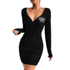 Nuevo Vestido Corto Ajustado de Manga Larga con Cuello en V Profundo para Fiesta, Sexy, con Volantes, Cuello Alto Natural, Ecológico - Product Image 1