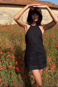Robe noire courte en coton et lin, dos nu, style français-thaïlandais, robe mi-longue pour femmes - Product Image 3