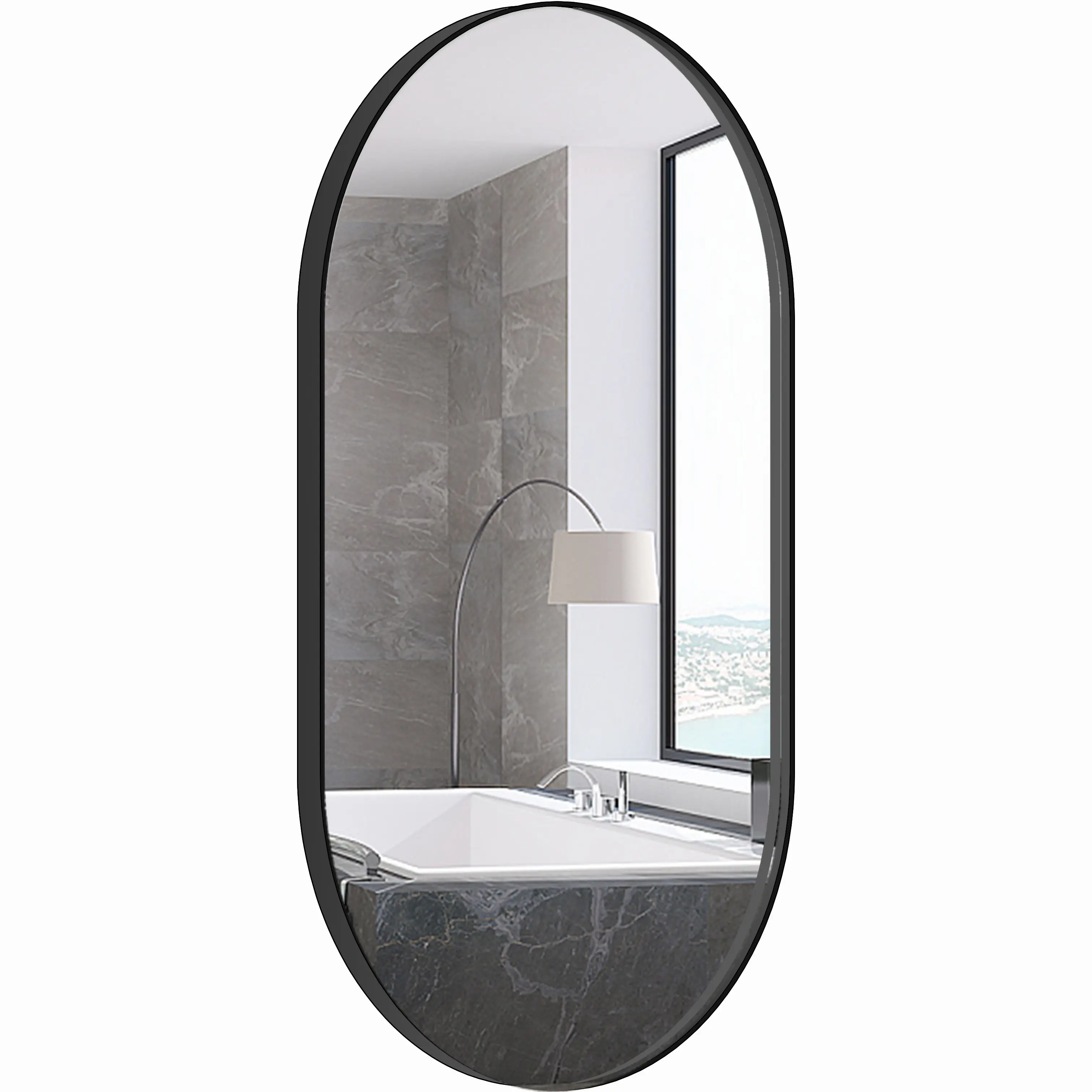 Design a specchio in vetro per lavabo con cornice nera antideflagrante a forma di pillola