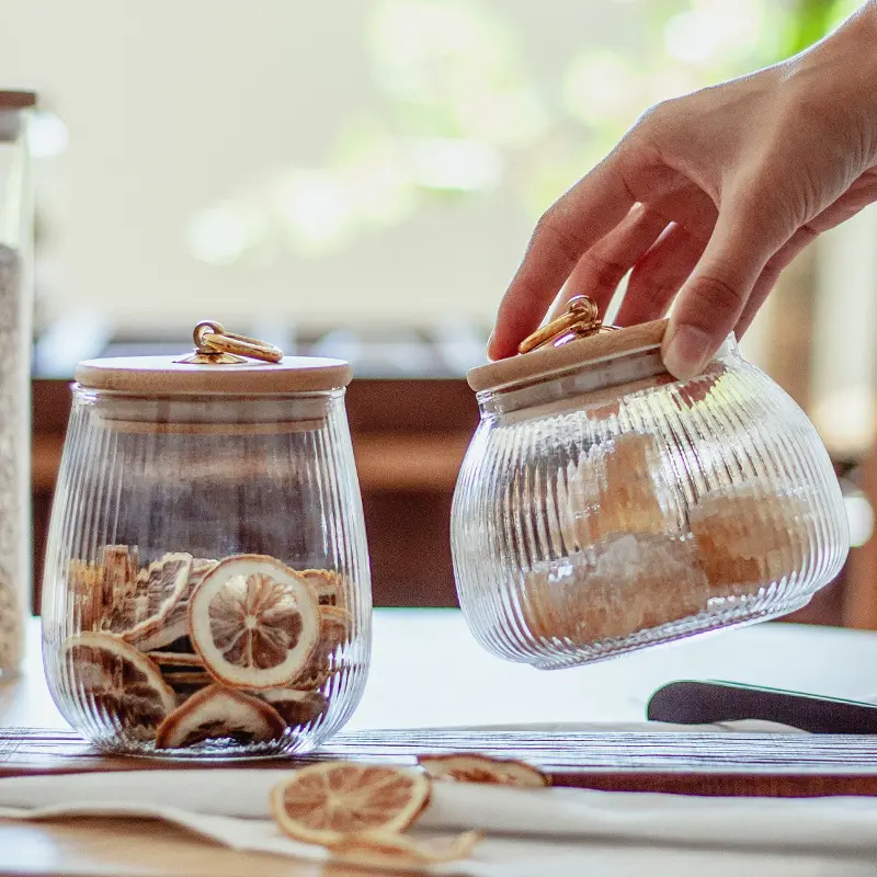 Copper ring vertical pattern glass tea can household bamboo lid sealed coffee jar storage storage tank dried fruit tea jar
