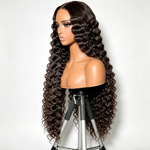 Perruques de <span class=keywords><strong>cheveux</strong></span> humains vierges vietnamiens 10A 12A noirs à ondulations profondes, avec dentelle transparente 13*4, pour femmes noires, cuticules alignées - Product Image 2