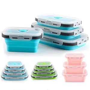 新产品3/4件硅胶食品储物盒可折叠储物食品容器套装环保便当户外午餐盒