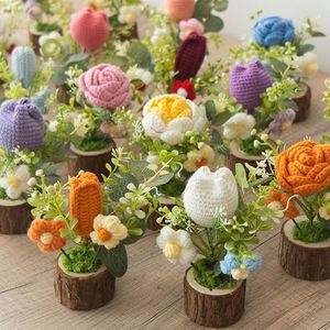 Bouquet de fleurs artificielles fait main en coton tricoté à la main, avec base en bois, au crochet, motif tournesol et marguerite, longue durée, cadeau fait main pour la maison - Product Image 3