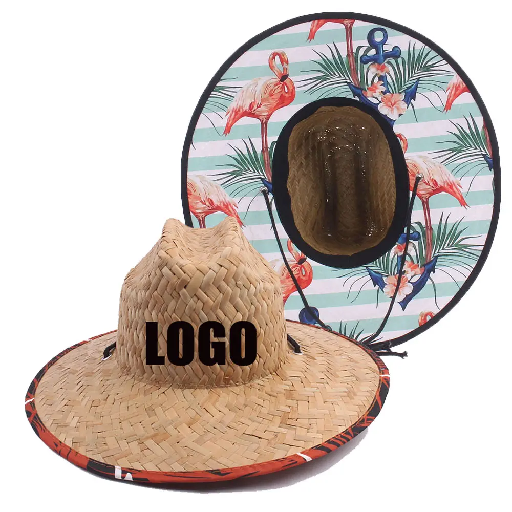 Natural Grass Wide Brim Beach Hat Custom logo Summer Palm Tree Printing Large Surf Lifeguard Straw Hat For Men Women Wholesale