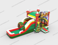 Château gonflable et toboggan gonflable de Noël avec Père Noël et rennes, thème Bonhomme de neige pastel