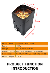 10 luces LED inalámbricas inteligentes de 6*18W con batería, IP33, DMX512 RGBWAUV 6 en 1 para escenarios, bares, DJ, bodas y fiestas - Product Image 3