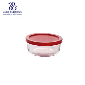 Round shape small capacity high borosilicate glass food container with plastic lid salad bowls hot selling daily use glassware