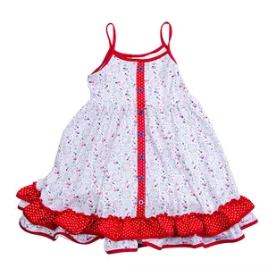 Printed Of American Flag Dress For Kid Girls Two Layer Dress With Button Cute Sleeveless Girl Dress