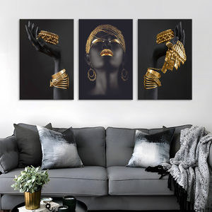 Donna africana arte della parete pittura di arte <span class=keywords><strong>Poster</strong></span> e stampe donna nera arte <span class=keywords><strong>con</strong></span> gioielli in oro tela immagine decorazione per la casa - Product Image 6