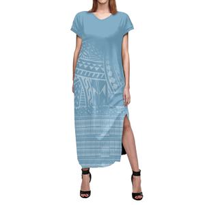 Factory <span class=keywords><strong>Outlet</strong></span> Mujer Maxi Vestido Polinesio Samoan Tribal Suave Cómodo Vestido de manga corta con cuello en V Slit 1 MOQ Natural - Product Image 1