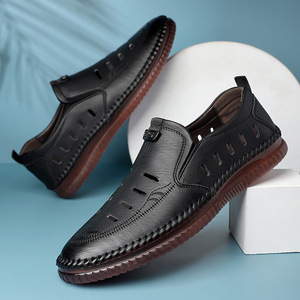Men Genuine Leather <b>Slides</b> Closed Toe Breathable Rubber Outsole Solid Pattern Embossed Logo Casual Summer Shoes - Product Image 3