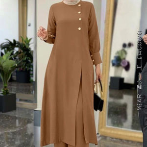 Ensemble deux pièces musulman islamique de couleur unie, chemise longue à fente latérale, pantalon ample Abaya, nouveau style pour femmes - Product Image 1