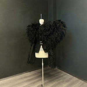 Nt153 Black Feather Sequined Appliques Bolero <b>Jacket</b> Dramatic Oversized Shoulder Cropped Evening Cape Formal Dress Runway Party - Product Image 1